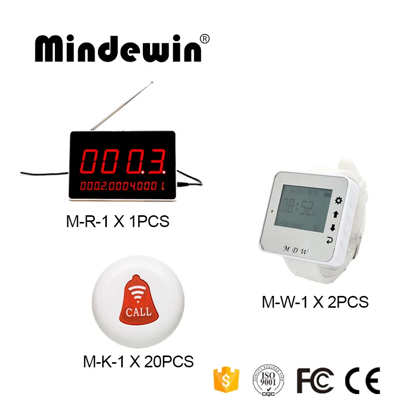 

Mindewin Restaurant Wireless Waiter Call System 1PCS LED Display Panel M-R-1 + 2PCS Watch Pager M-W-1 + 20PCS Call Button M-K-1