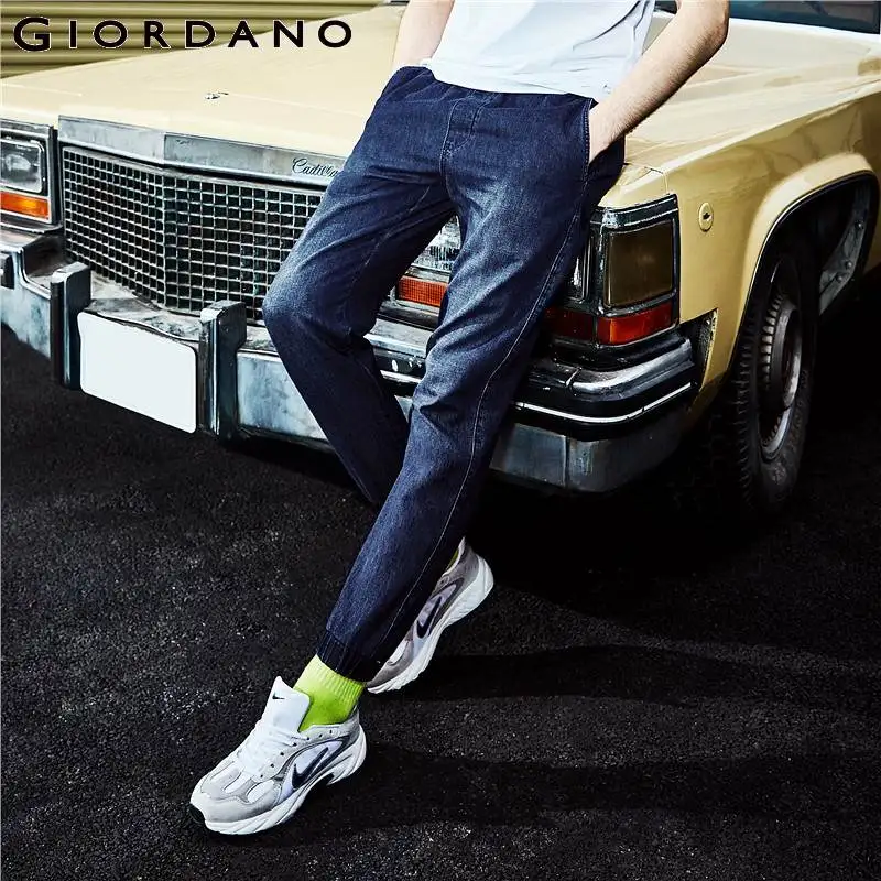 

Giordano Men Denim Joggers Men Mid Rise Elastic Waist Drawstring Denim Joggers Pants Men Multi Pocket Denim Jeans Trousers