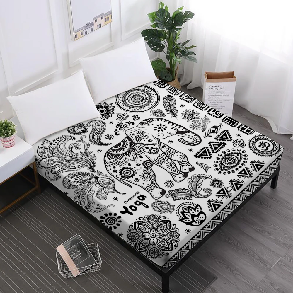 

Bohemia Style Bed Sheets Mandala Fitted Sheet Exotic Elephant Print Sheets White Black Animal Pattern Mattress Cover Elastic D35