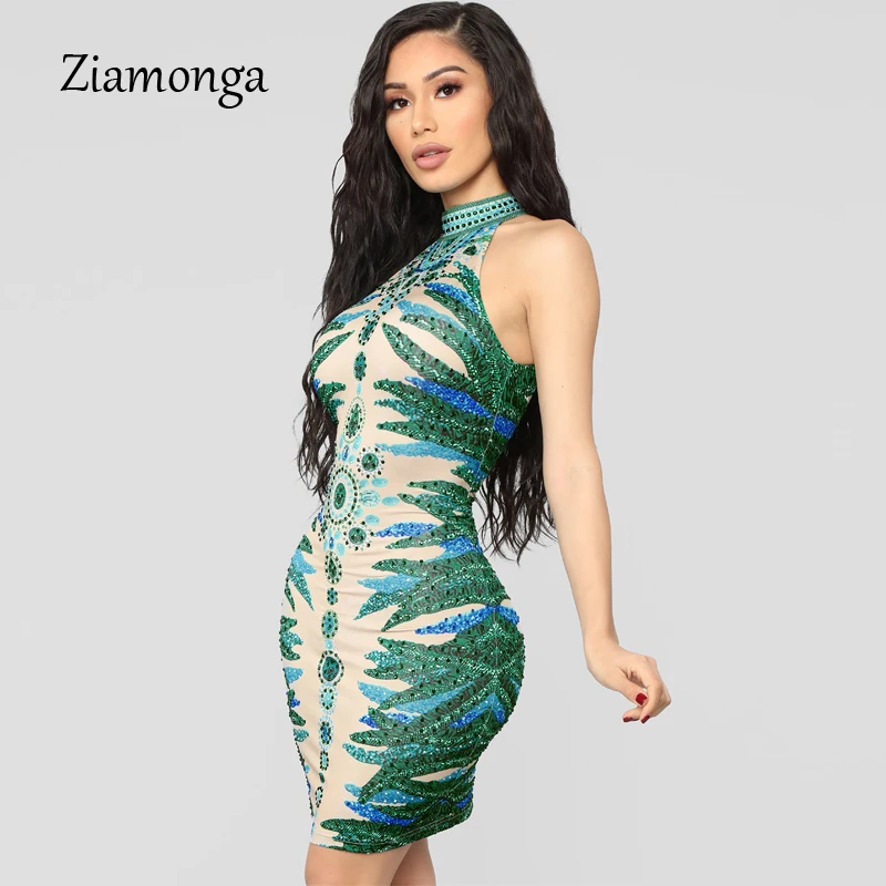 Ziamonga зеленый цветочный блёстки Bodycon платье водолазка без рукавов с открытыми плечами Оболочка Мини Вечерние платья для женщин наряды