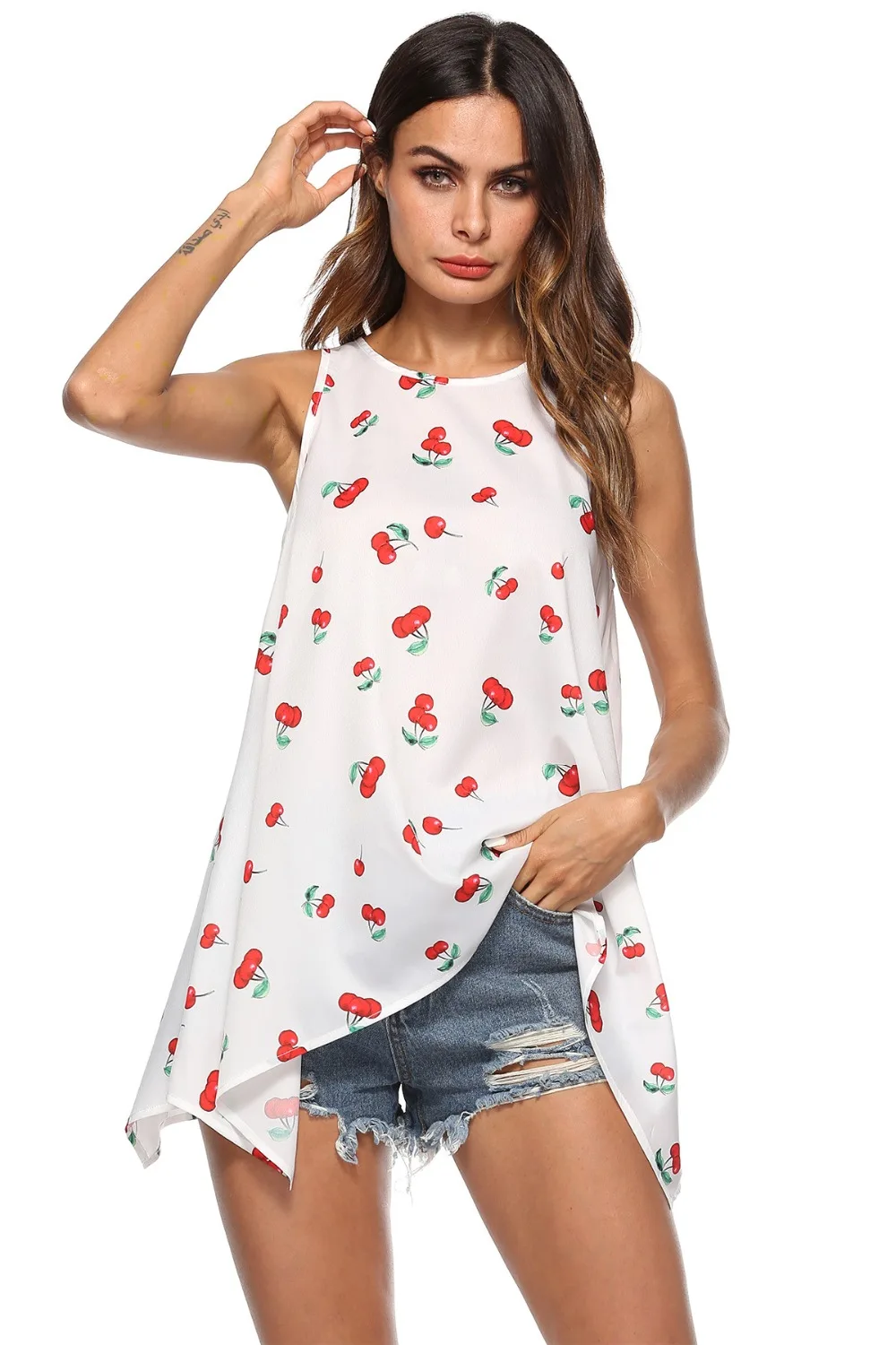 summer women vest 2018 Chiffon Cherry printed sleeveless tops loose A