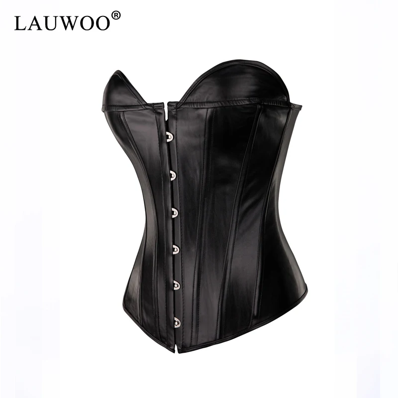 LAUWOO искусственной кожи Overbust Корсет + юбка из Танцовщица Костюм Bodyshaper белье