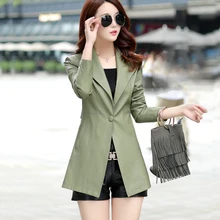 Осеннее Женское пальто однотонная кожаная куртка Длинные рукава с отворотами Длинная Верхняя одежда Повседневная модная женская одежда