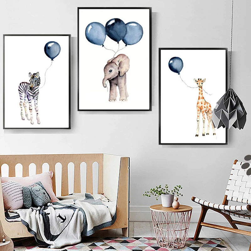 Nordic Cartoon Animals Canvas Paintings Nursery Blue Balloon Art Poster Zebra Elephant Print Wall Pictures Kids Room Decor (4)