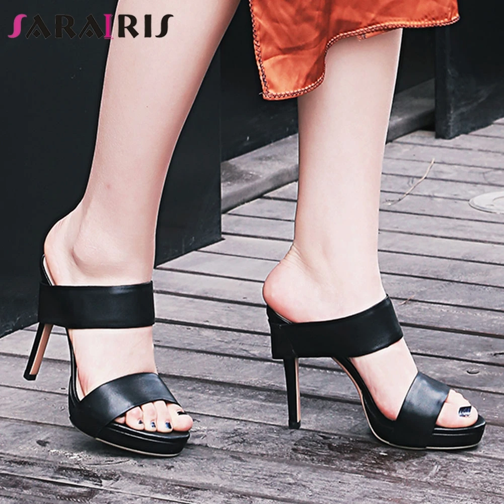 

SARAIRIS Brand New women's Genuine Leather Ladies High Heels Mules Shoes Woman Platform Casual Outside Summer Slippers Female