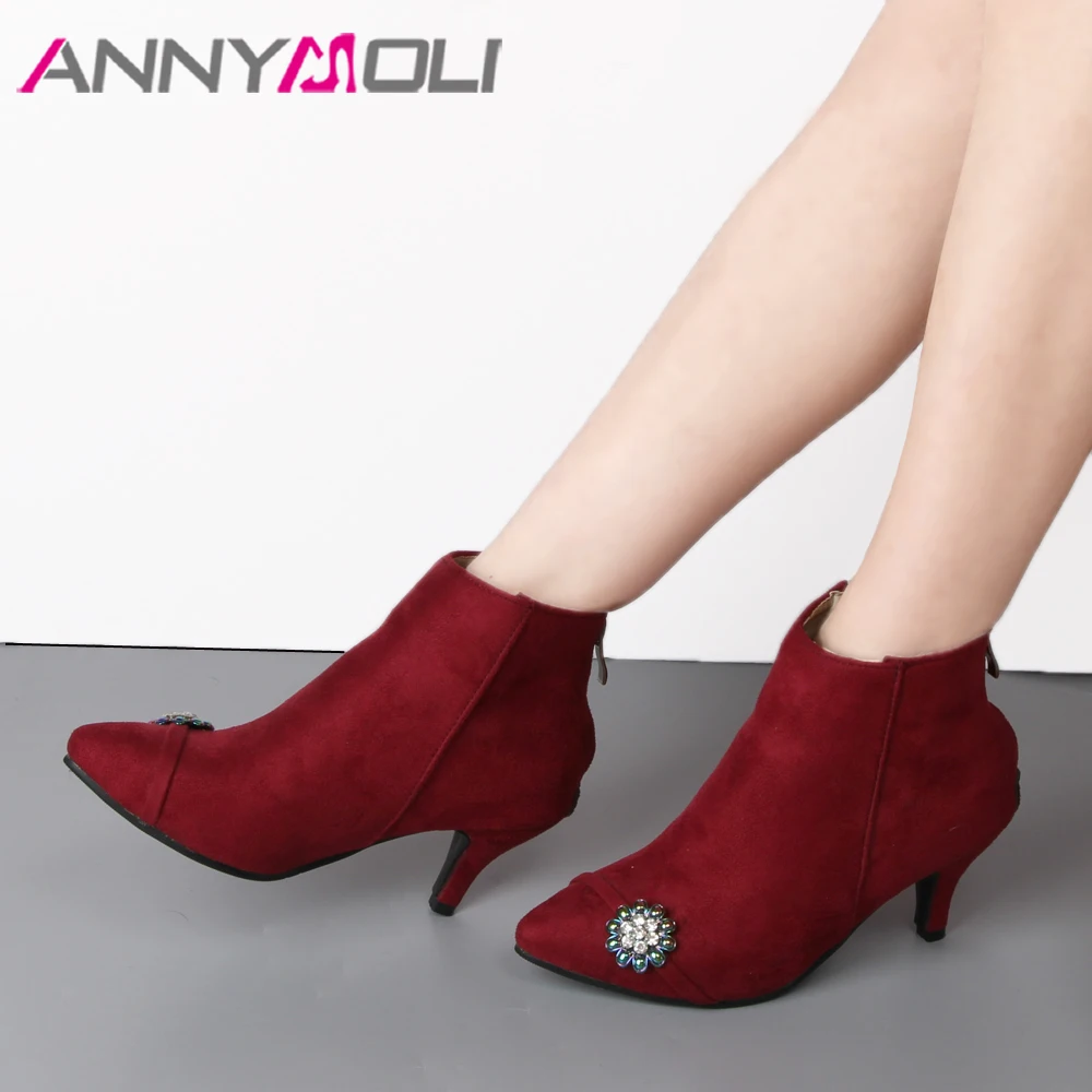 

ANNYMOLI Women Ankle Boots Winter Shoes Pointed Toe High heels Short Boots Zipper Rhinestone Spike Heel Boots Gray Big Size 46