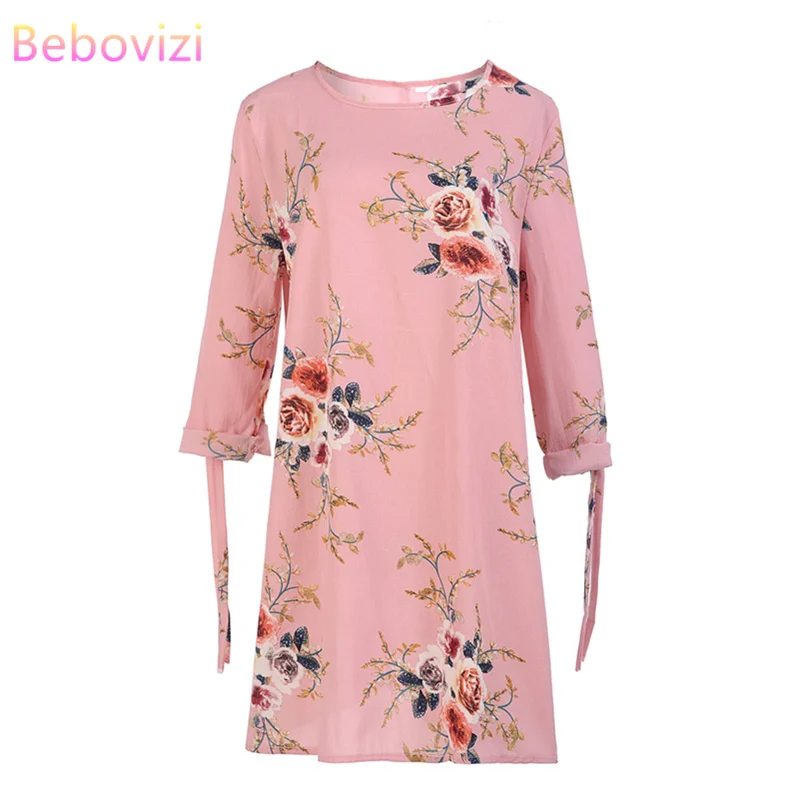 

Bebovizi Women New 2019 Summer Fashion Casual Office Plus Size Straight Elegant Sexy Dress Flower Print Vintage Pink Dresses