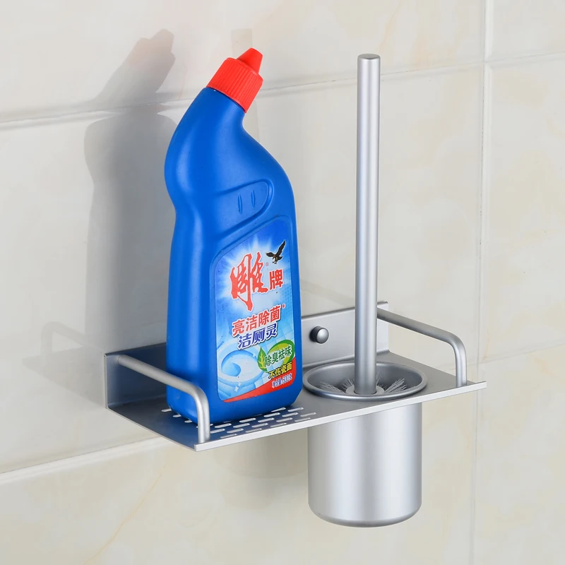 Space Aluminum Silver Toilet Brush Holder with Shelf Chrome Rack Glass