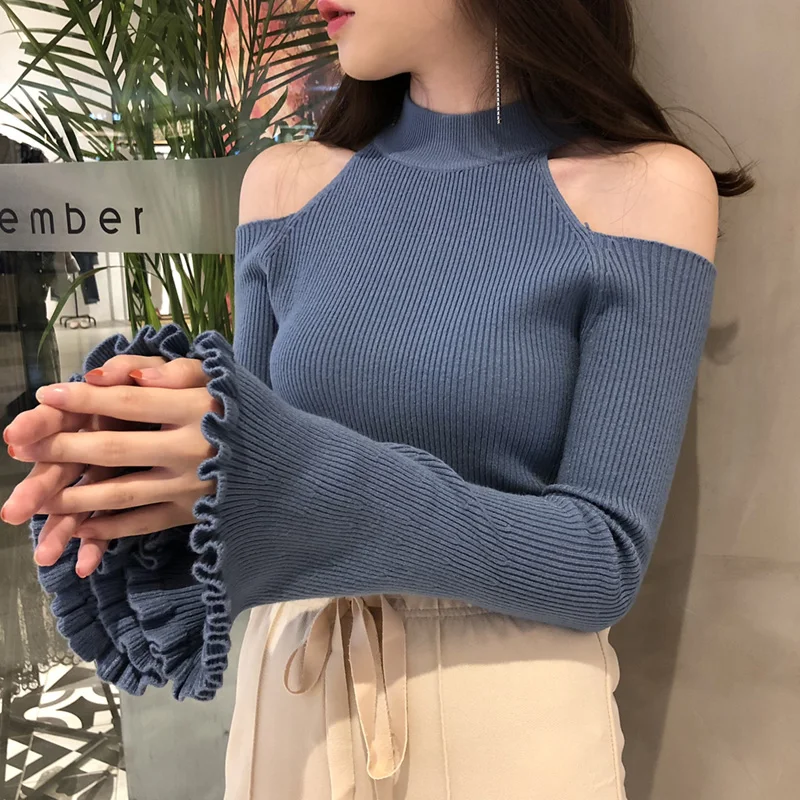 

Sexy off shoulder Flare Sleeve women thin sweater knit sweater women Computer Knitted Turtleneck Pullovers tops Black white