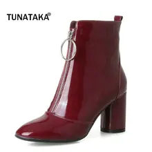 Женские зимние короткие ботильоны из натуральной кожи на высоком квадратном каблуке с молнией; модные модельные ботинки с круглым носком; цвет черный, винно-красный