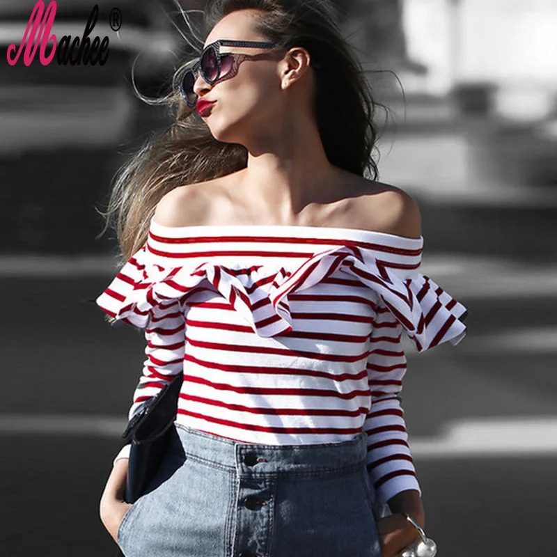 

2019 New Off The Shoulder Female Long Sleeve Ruffles Tees Spring Summer Elegant Slash Neck Red Striped Slim Women T-shirts Tops
