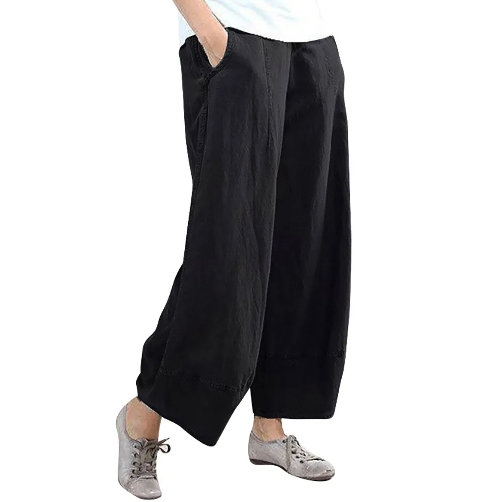 Feitong женские брюки чистый цвет Высокая талия широкие брюки женские 5 цветов хлопок льняные брюки свободные брюки S-3XL - Цвет: A