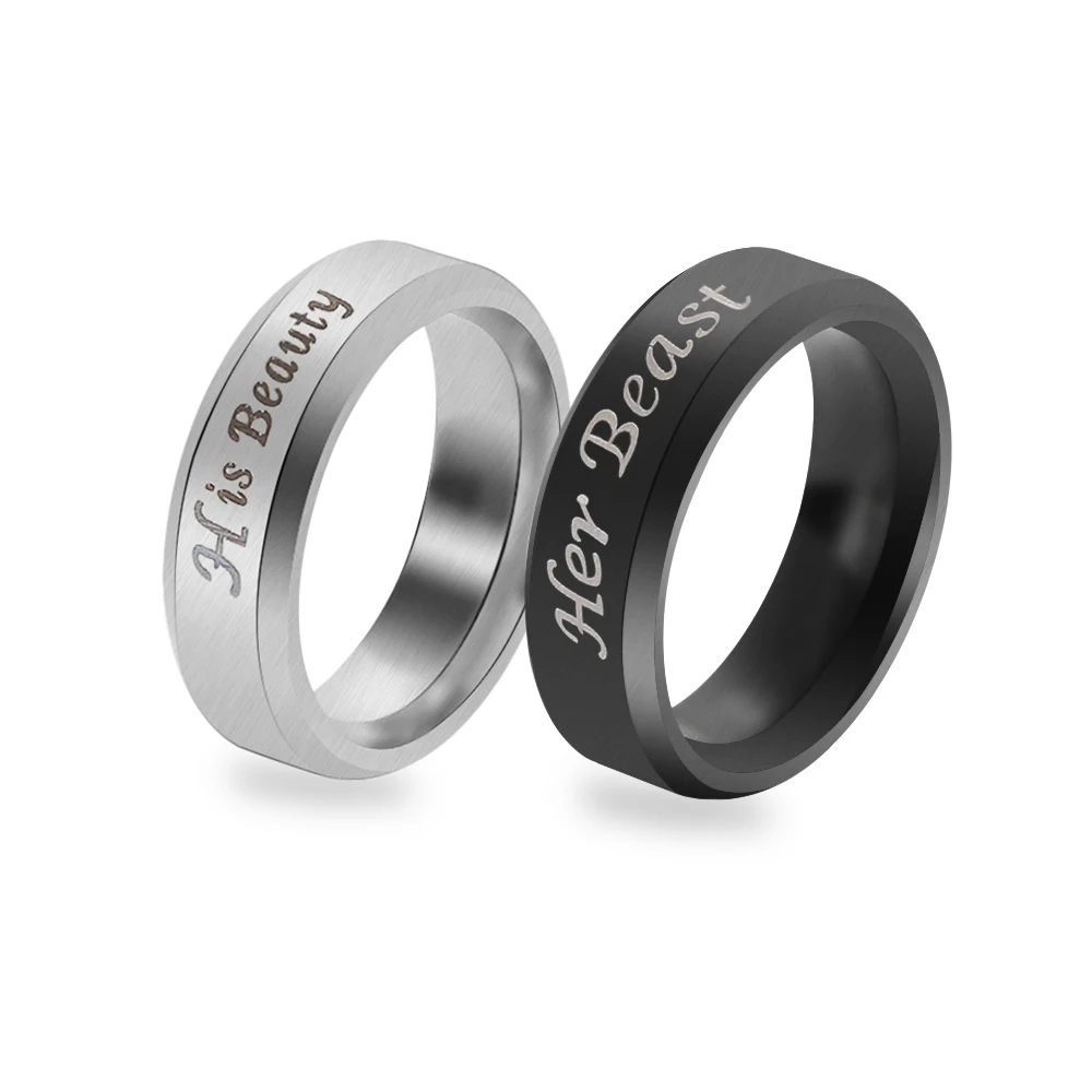 

1 PC Hot Sale Fashion Black ''Her Beast'' Silver ''His Beauty'' Stainless Steel Couple Ring Unique Gift for Lovers Wedding Rings