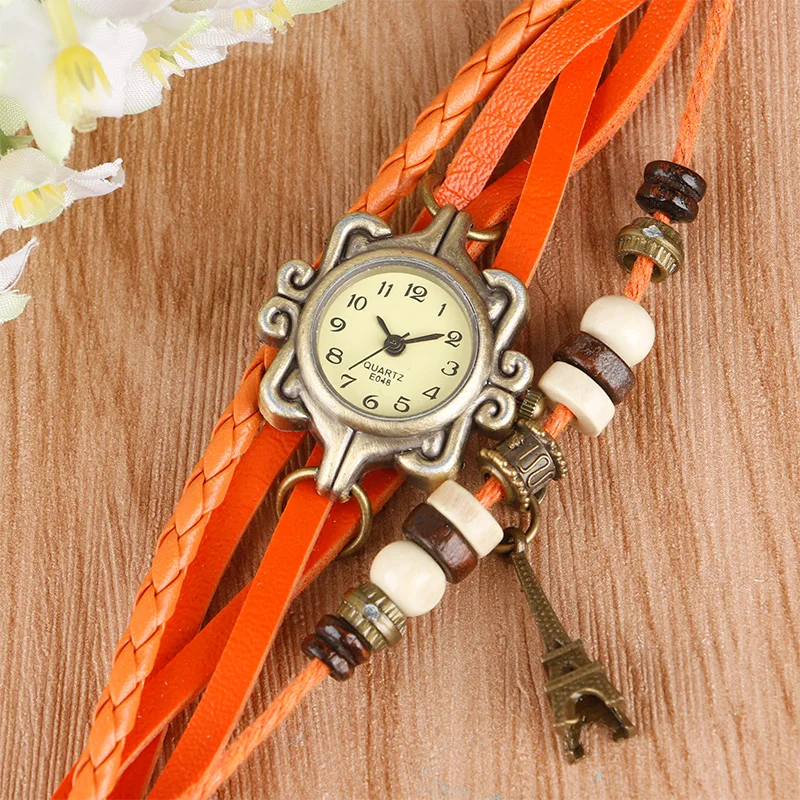 

2017 New Arrival 6 Colors Women's Watch Bohemia Style Leather Clock Bracelet Wristwatches with Eiffel Tower Jewelry for Ladies