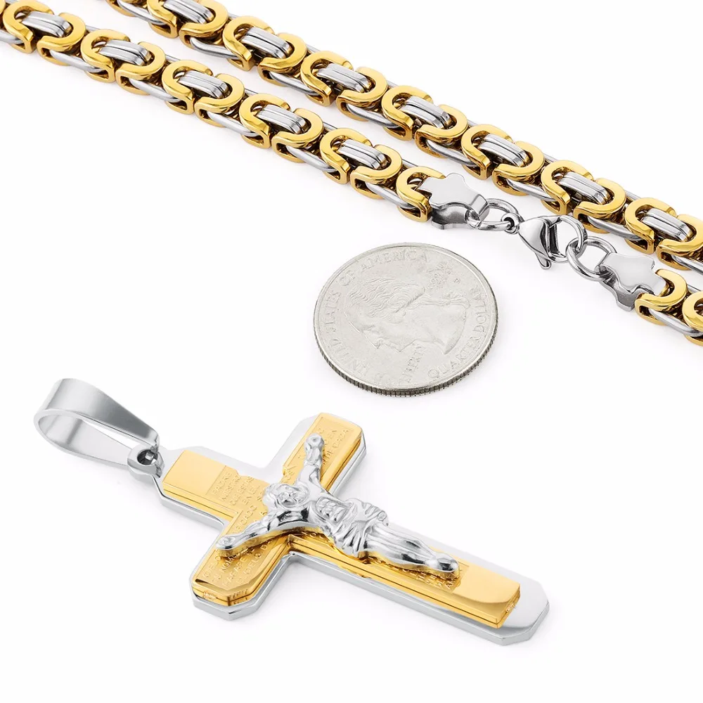 Крест Иисуса Христа ожерелье из нержавеющей стали рождественская подвеска Золотая Византийская цепь Мужские Подарочные ожерелья украшения 2"(55 см) NZ015