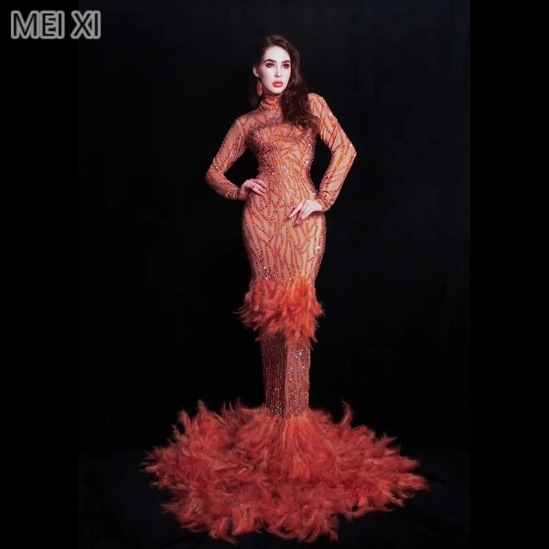 

Shining noble flame red feather full diamond dress birthday celebration party banquet evening dress concert ball singer costume