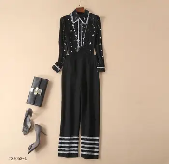 

European style 2019 New arrivals summer Spring fashion women clothes printing blouse + patchwork pant casual suit T3205
