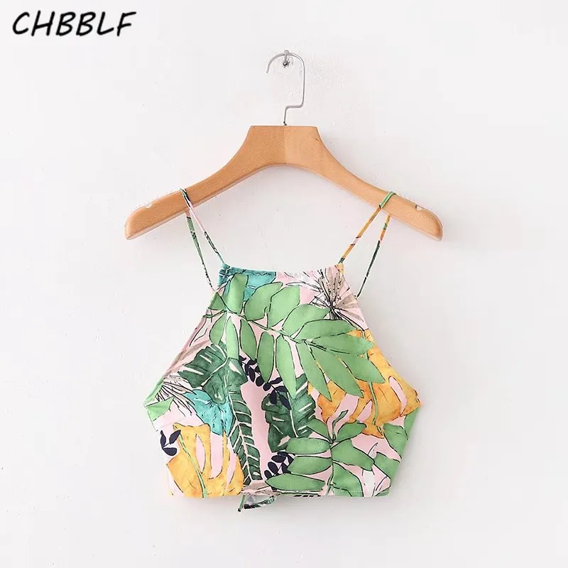 

CHBBLF sexy leaves pattern crop tops blouses back bow tie sleeveless shirt short style ladies casual tops blusas POP1197
