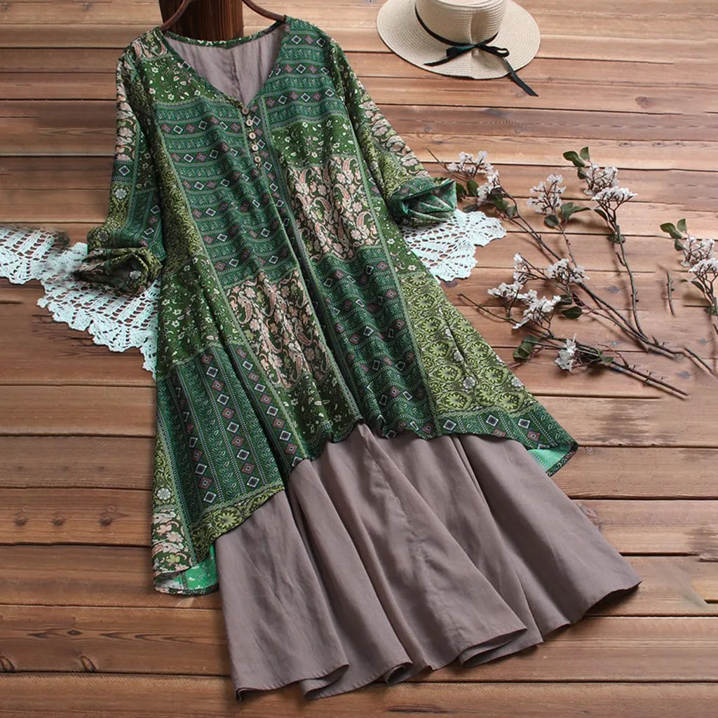 Feitong/женское платье в винтажном стиле с цветочным принтом и круглым вырезом, платье в стиле пэчворк, Vestidos De Verano, свободное летнее платье с длинным рукавом размера плюс