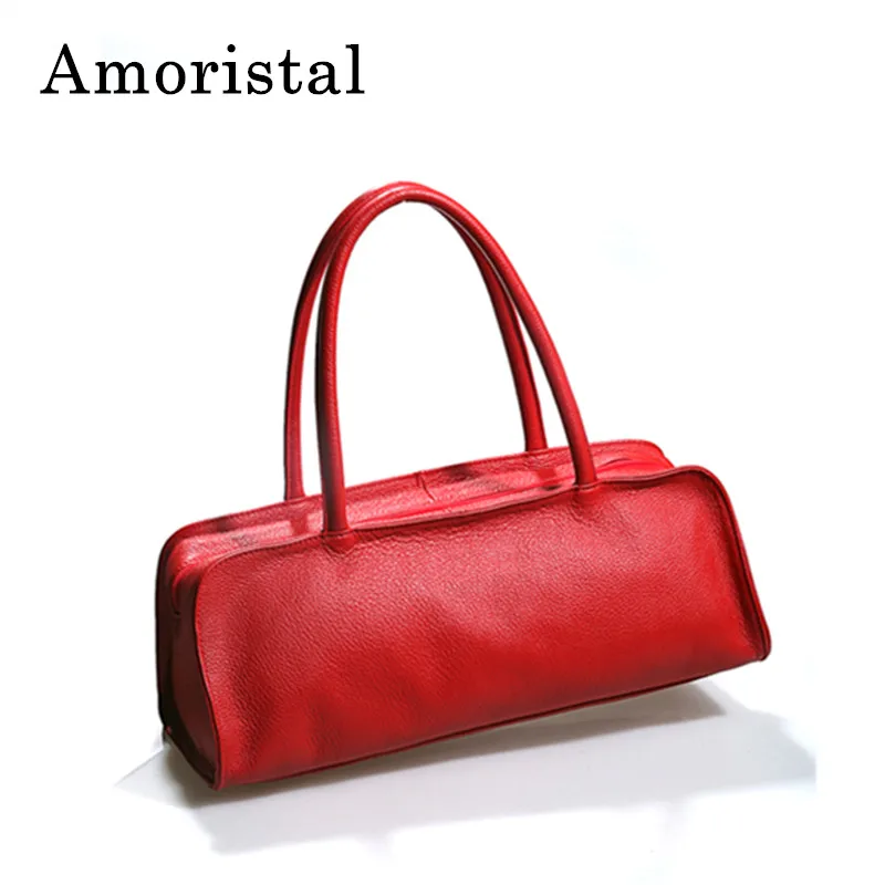 

Boston Handbags Tote Red Genuine Leather Bags Fashion Women Real Black Leather Handbag Simple Boston Handbag Shoulder Bag B202