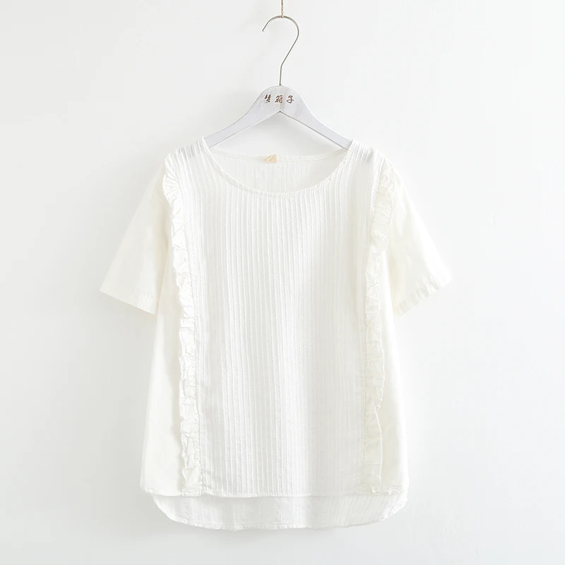 fresh ruffled patchwork white cotton shirt top mori girl 2018 summer |