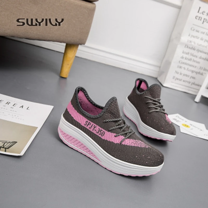 

SWYIVY Women Toning Shoes Woven Breathable Platform Sneakers Woman 2018 New Spring And Autumn Slip-on Female Slimming Swing Shoe