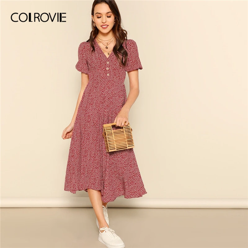 COLROVIE бордовое женское платье с v-образным вырезом и пуговицами, цветочный принт, бохо, лето, длинное платье трапециевидной формы для отдыха