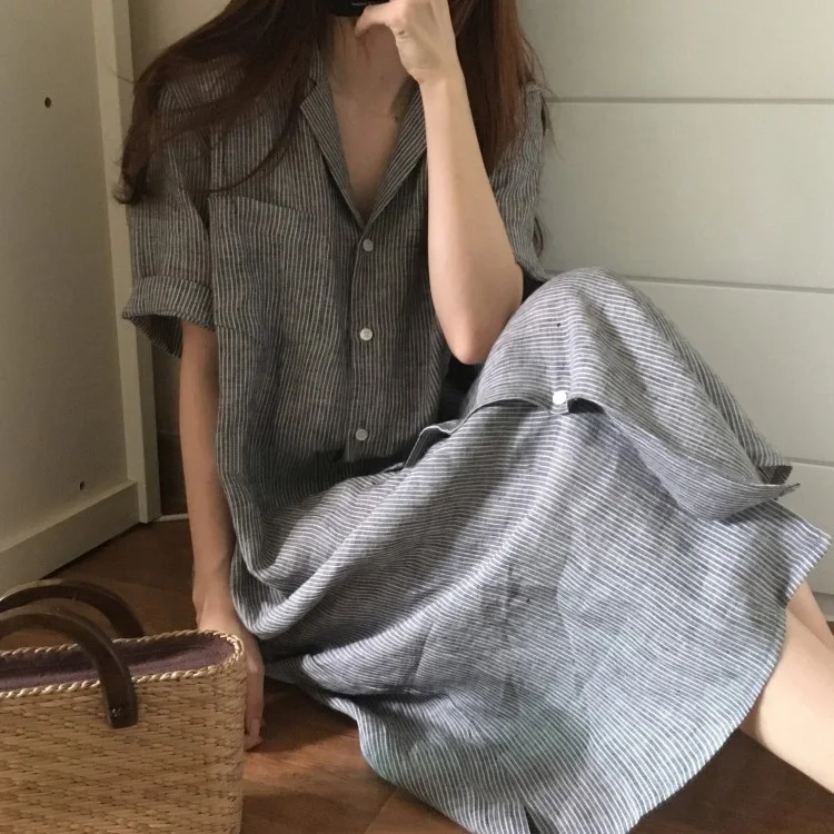 

Long stripe short Sleeve Shirt Blouse 2018 New Autumn Spring Casual Patchwork Blouse OL Turn Down Collar Buttons Loose Blouse