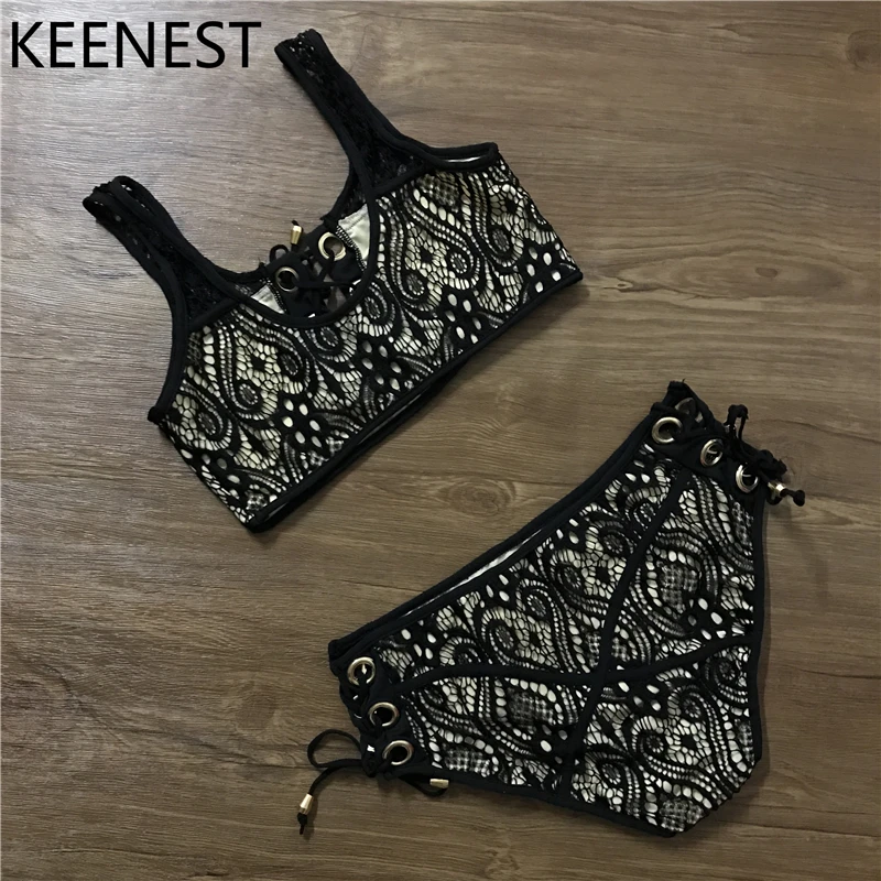 KEENEST кружевное бикини сексуальный укороченный топ с высокой талией женское 3