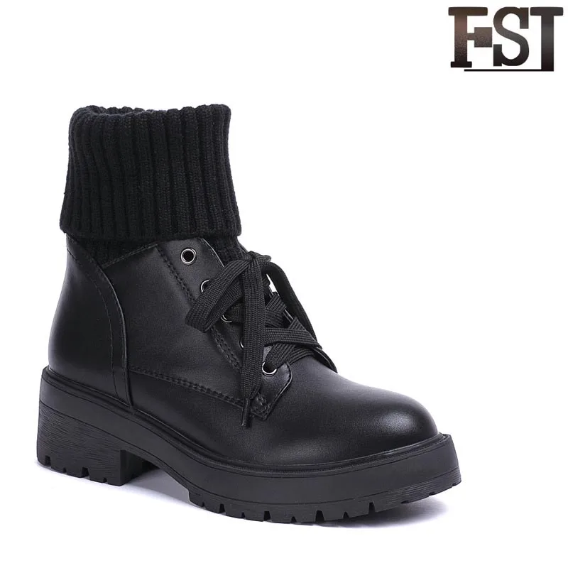 

FSJ Work Ladies Winter Boots Med Heel Ankle Lace-Up Wedges Winter Cross-tied Short Plush Genuine Leather Mature Women Shoes