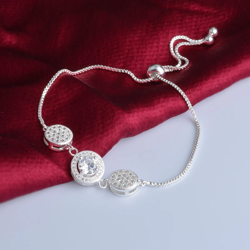 

Trendy Silver Plated Round Inlay CZ Bracelet Bangles For Women Charm Cuff Jewelry Box Chain Drop shipping Wholesale