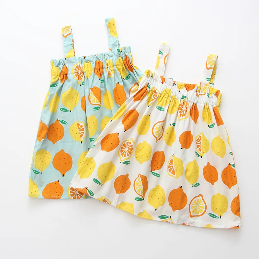 

Dress Girl Summer Cotton Children Dresses Kids Girl Sleeveless Flower Print Lemon Strap Spring Princess Toddler Clothes F514