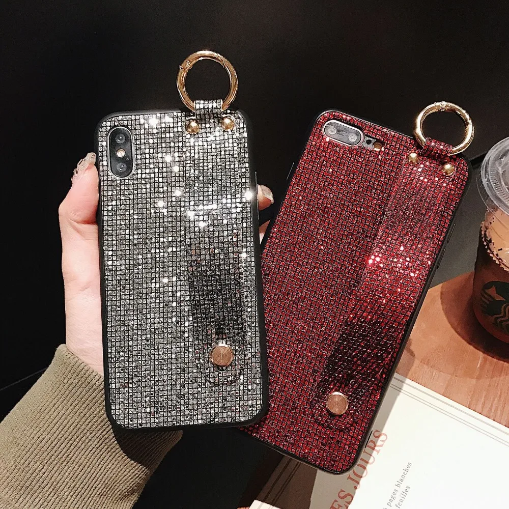 Case For iPhone Xr X Xs Max Cover Luxury Glitter Lattice Sequins Girly Wristband Stand Cases 7 8 Plus 6S |