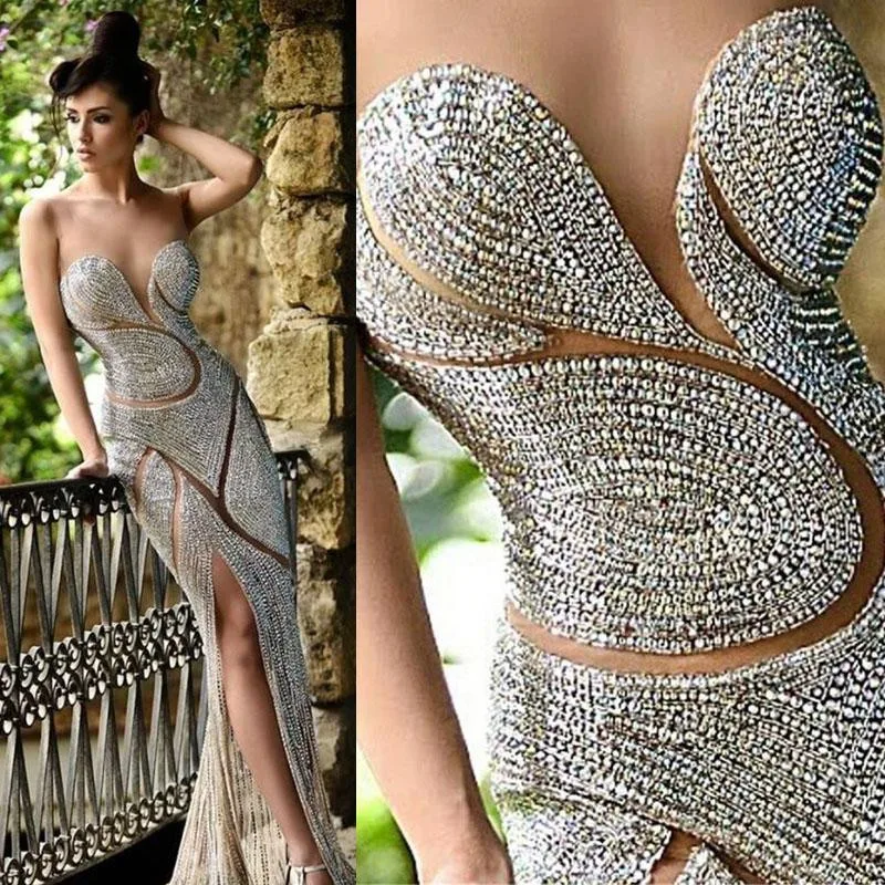 2015 Collection Rami Salamoun Evening Dresses Luxury Jewellery Rhinestone Backless Sweetheart Corset Sheath Floor Length Celebrity Dress