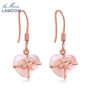 

LAMOON Rose Gold Drop Earrings for Women 100% Natural Heart Pink Rose Quartz 925 Sterling Silver Fine Jewelry Romantic EI012