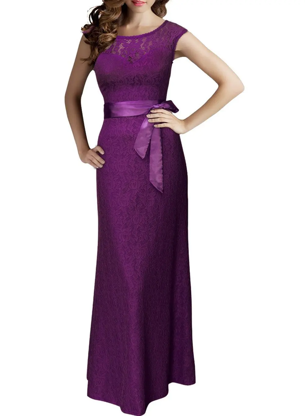 Женское элегантное платье с круглым вырезом, без рукавов, с поясом, туника, Кружевное платье макси, сексуальное, для вечеринки, длинное, официальное платье, robe femme vestidos de fiesta - Цвет: purple