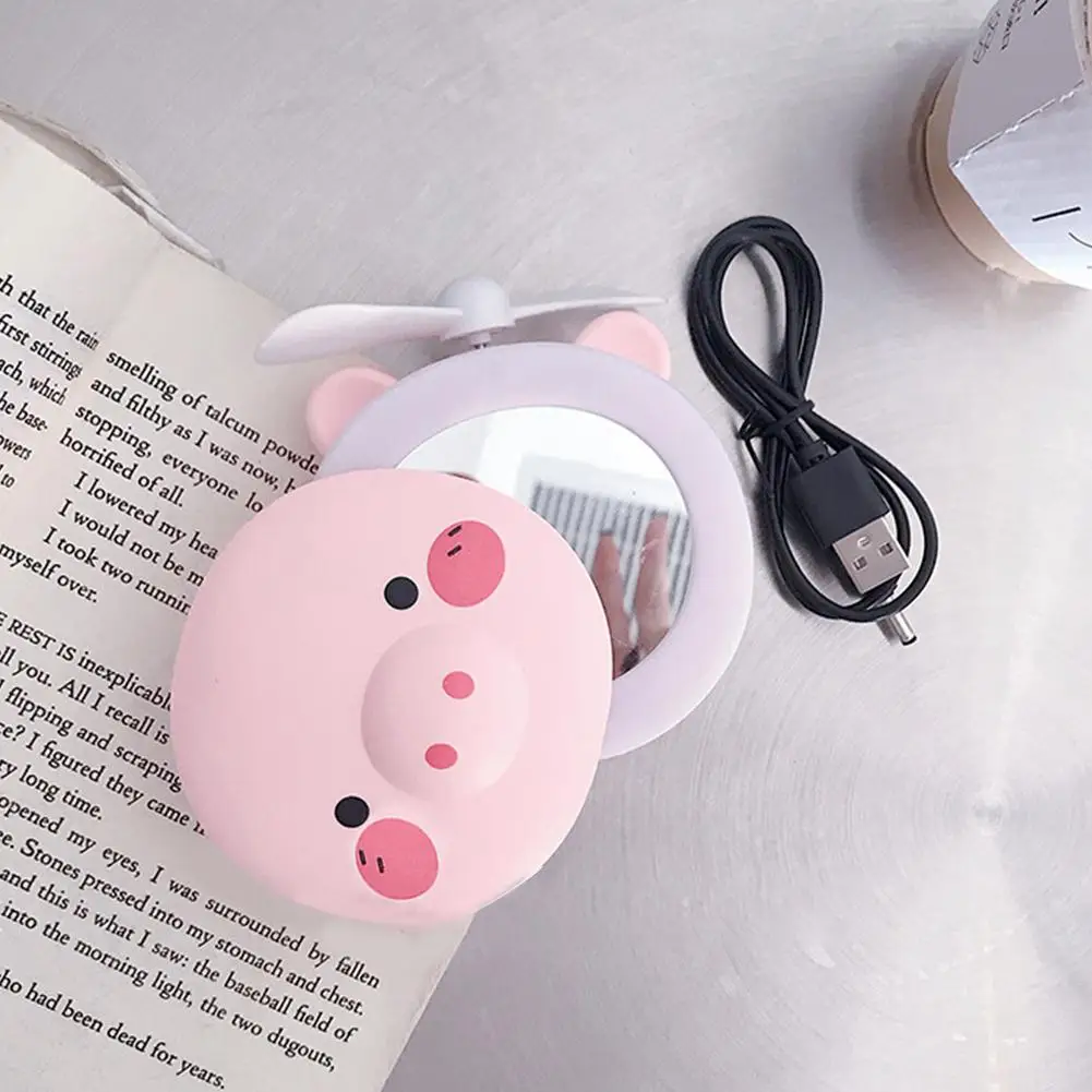 HobbyLane 1pcs Portable LED Cartoon Pig Fill Light Makeup Mirror Fan Bright Adjustable USB Charging Portable Handheld Mini Fan - Цвет: Open eyes
