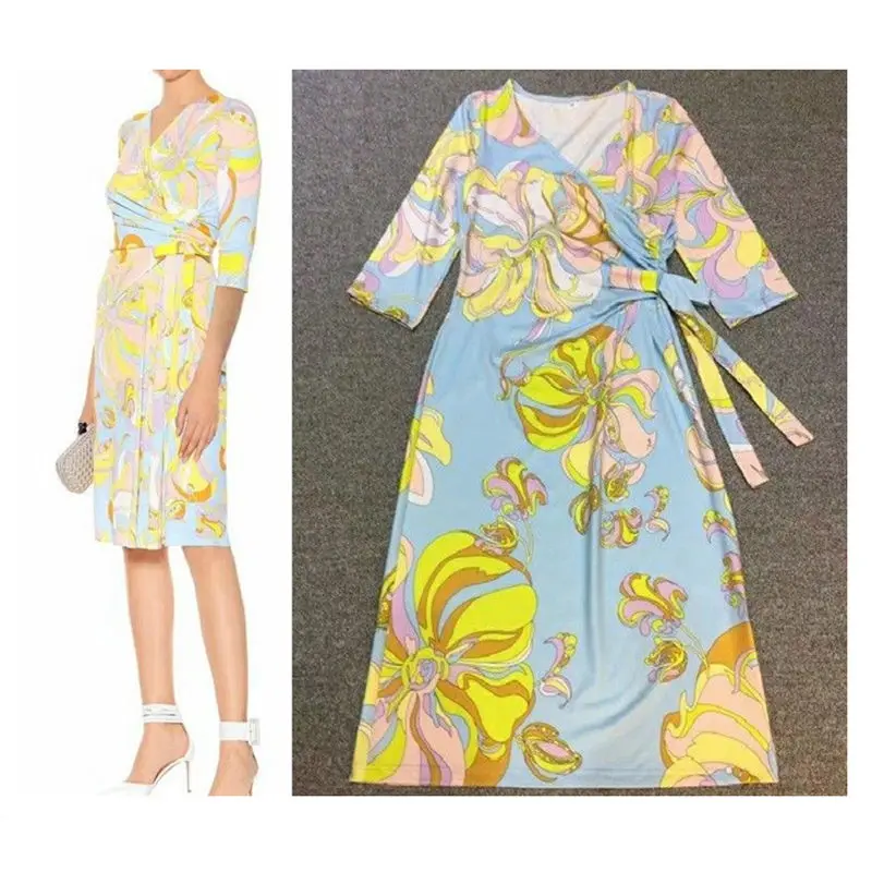 

Fahion Printed Sleeve Slim Women's Summer half Sleeved V-Neck Fashion Beautiful Leisure Stretch silk Knitted Slim Dress Z-1-383