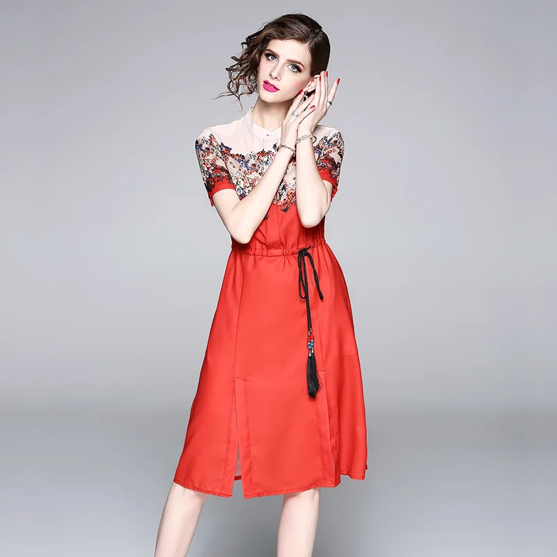 2018 New Autumn European Fashion Print dress Vintage Floral Print Patchwork Short Sleeve Casual Dress With Beaded Belt