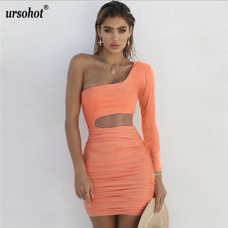 Ursohot/сексуальное открытое платье с рюшами женское облегающее на одно плечо