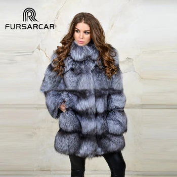 

FURSARCAR 2018 New Real Fur Coats Women Luxury Thick Warm Silver Fox Fur Jacket With Stand Collar 80 CM Long Fox Fur Coat