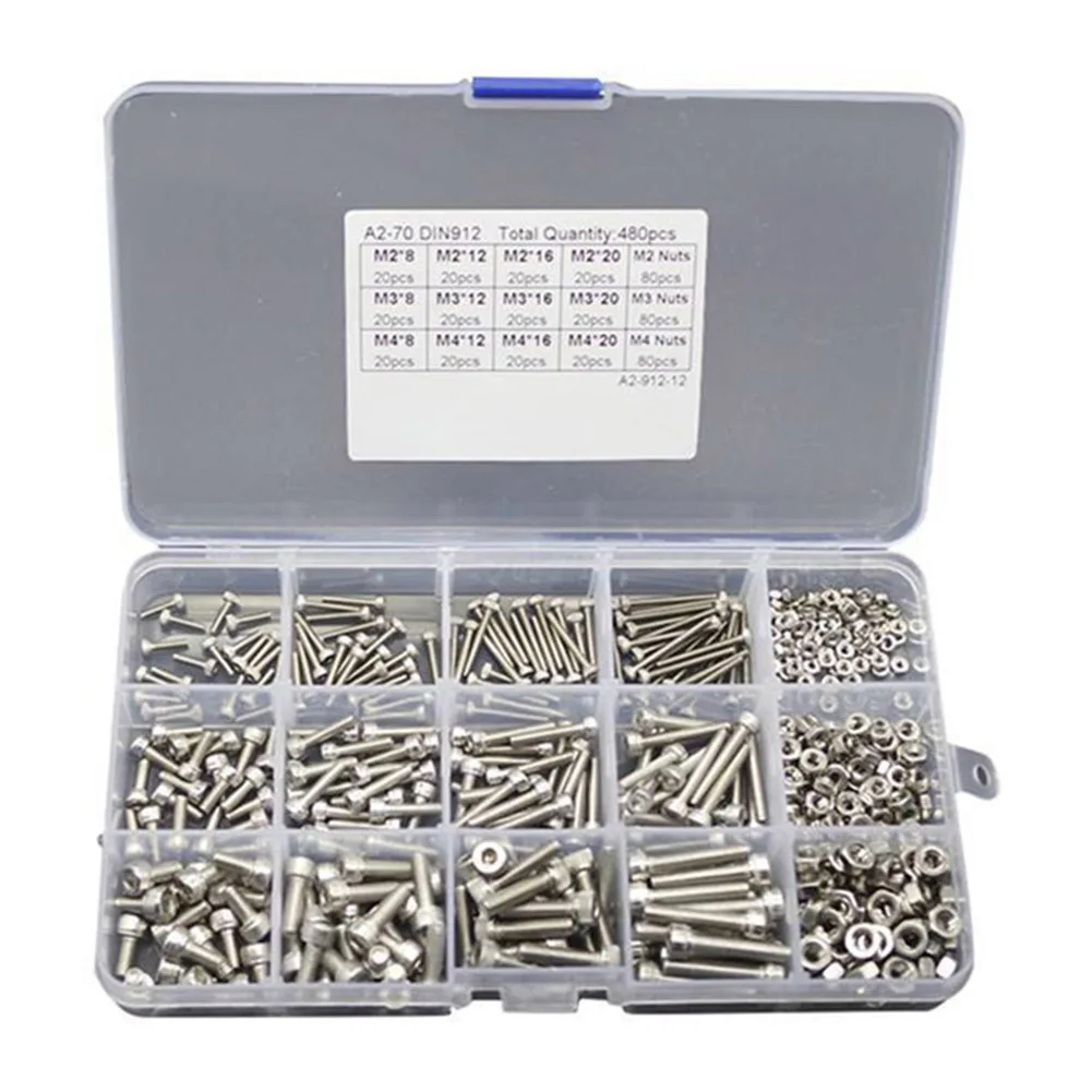 

480Pcs M2 M3 M4 Screws Set With Storage Box Stainless Steel Hex Socket Head Cap Screw Nut Kit TN99