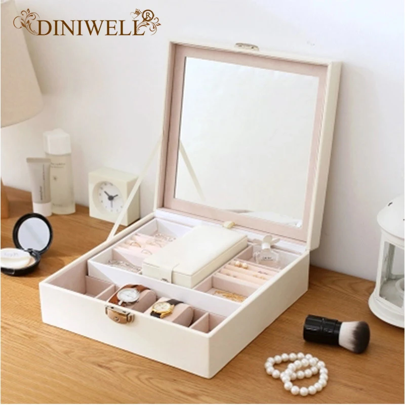 

DINIWELL Double Layer Leather Jewelry Box With Mirror Cosmetic Jewelry Organizer Watch Storage Box Casket Container