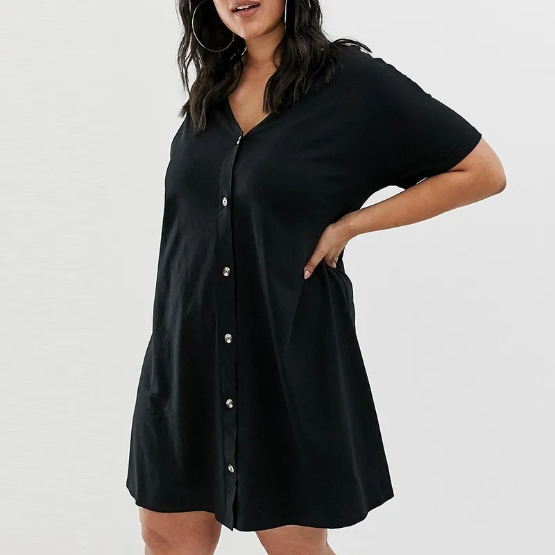 Kissmilk размера плюс новое осеннее свободное платье с коротким рукавом в длинном разрезе с коротким рукавом модное платье на пуговицах - Color: Black