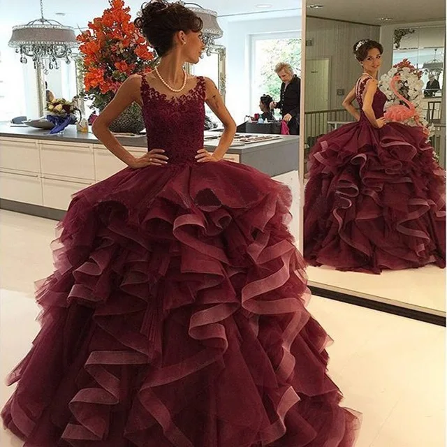 Burgundy Ball Gowns Prom Dresses 2016 Elegant Sheer Neck See Through Lace Applique Vestidos De Festa Longo Evening | Свадьбы и