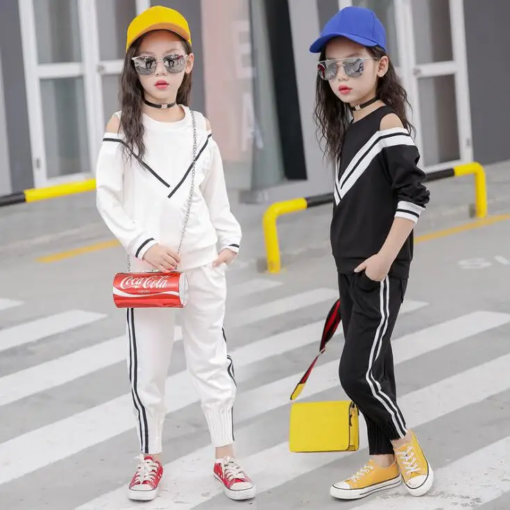 Spring Autumn Striped Girls Clothing Sets Long Sleeve Off The Shoulder Pullover+Pants Cotton Children's Tracksuit Ropa De Ninas Spring Autumn Striped Girls Clothing Sets Long Sleeve Off The Shoulder Pullover+Pants Cotton Children's Tracksuit Ropa De Ninas