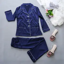 Осень 2019 г. для женщин 2 шт. пижамы рубашка с длинными рукавами и брюки для девочек комплект сна из искусственного шелка Пижама Наборы