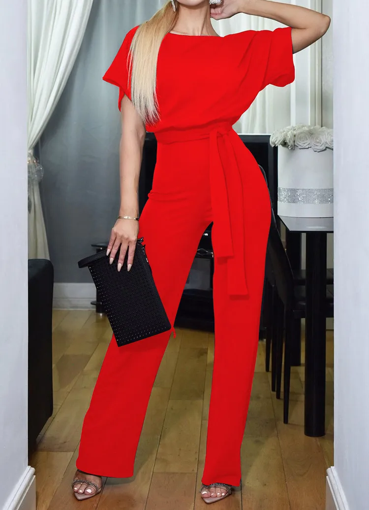 Офисная Женская мода женский комбинезон сплошной цельный костюм с коротким рукавом негабаритная женская одежда - Цвет: Красный