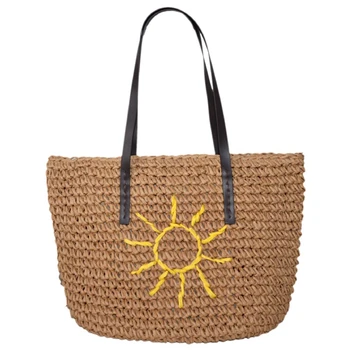 

AUAU-Women Summer Handbag New Bohemia Sun Flower Hand-Embroidered Bag Summer Woven Bag Handbag