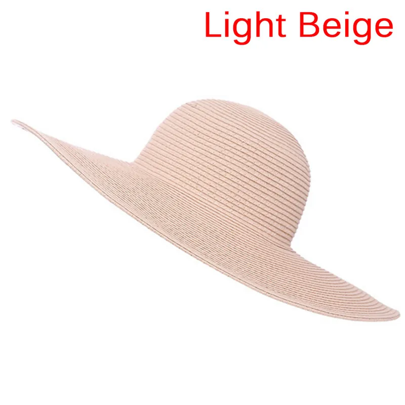 Chapeau Femme, летние шляпы с большими широкими полями, женская шляпа от солнца, Пляжная соломенная шляпа, черная лента, бант, козырек, женская кепка - Color: Light Beige
